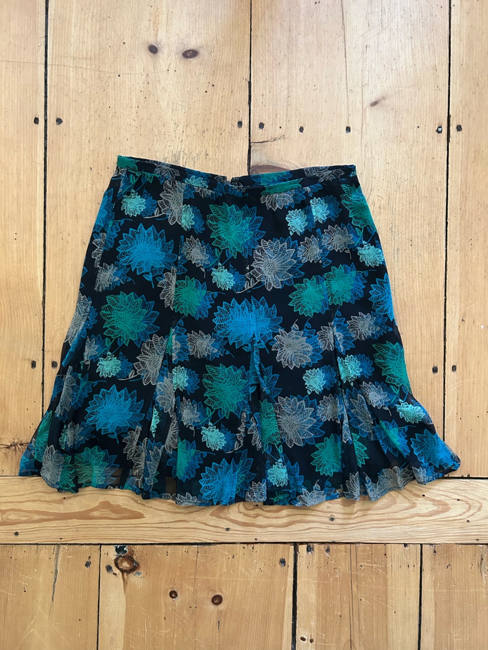 Vintage Alfani Black Midi Skirt with Teal & Aqua Floral Print
